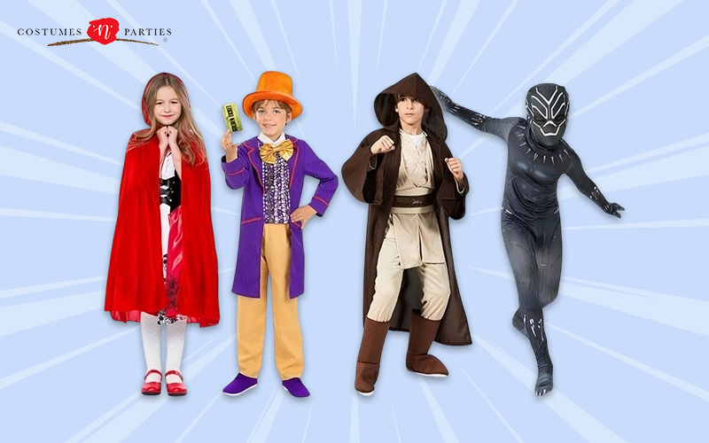 Kids in Red Riding Hood, Willy Wonka, Jedi, and Black Panther costumes.